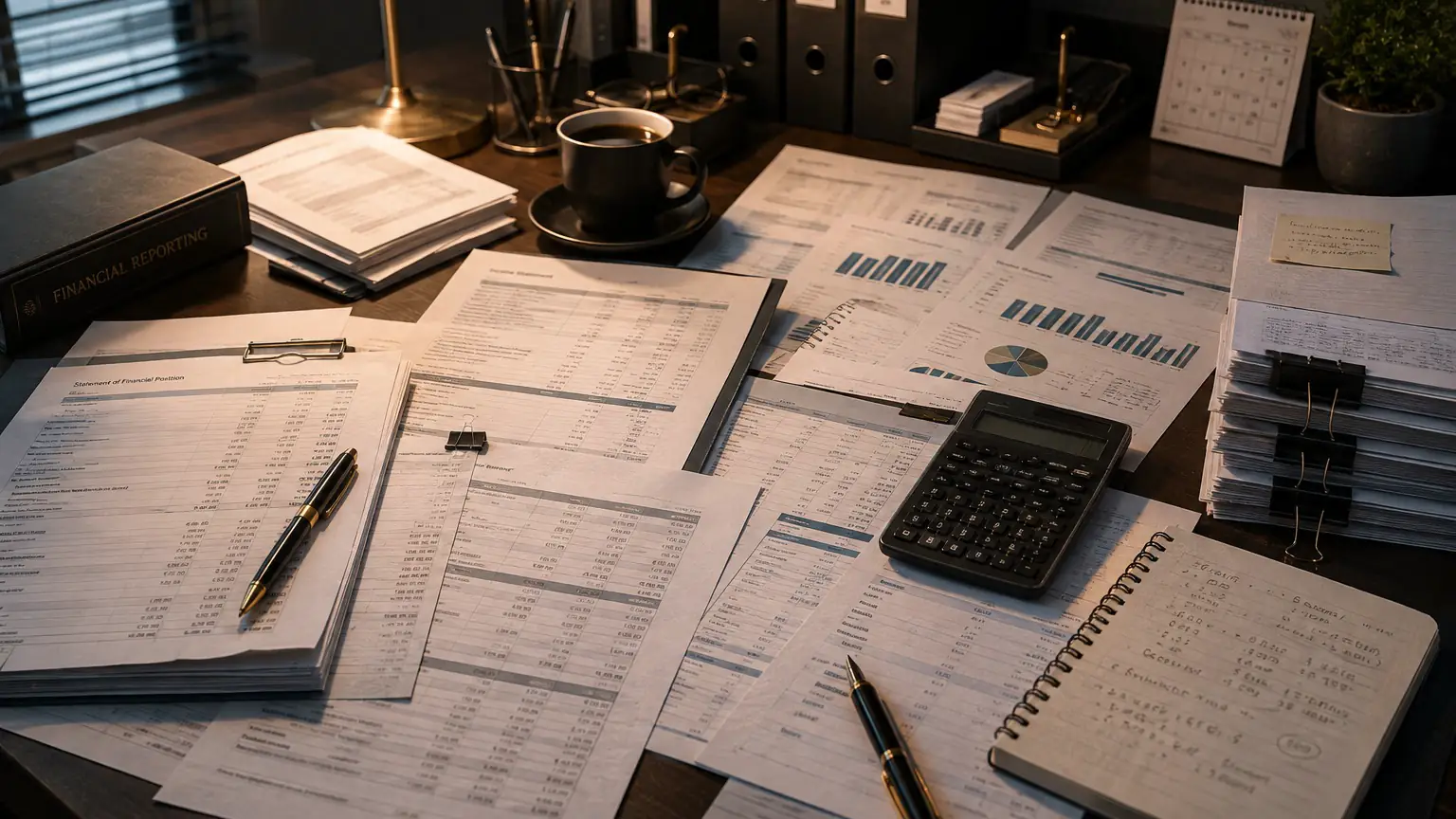 Printed financial statements, a calculator and a pen on a desk