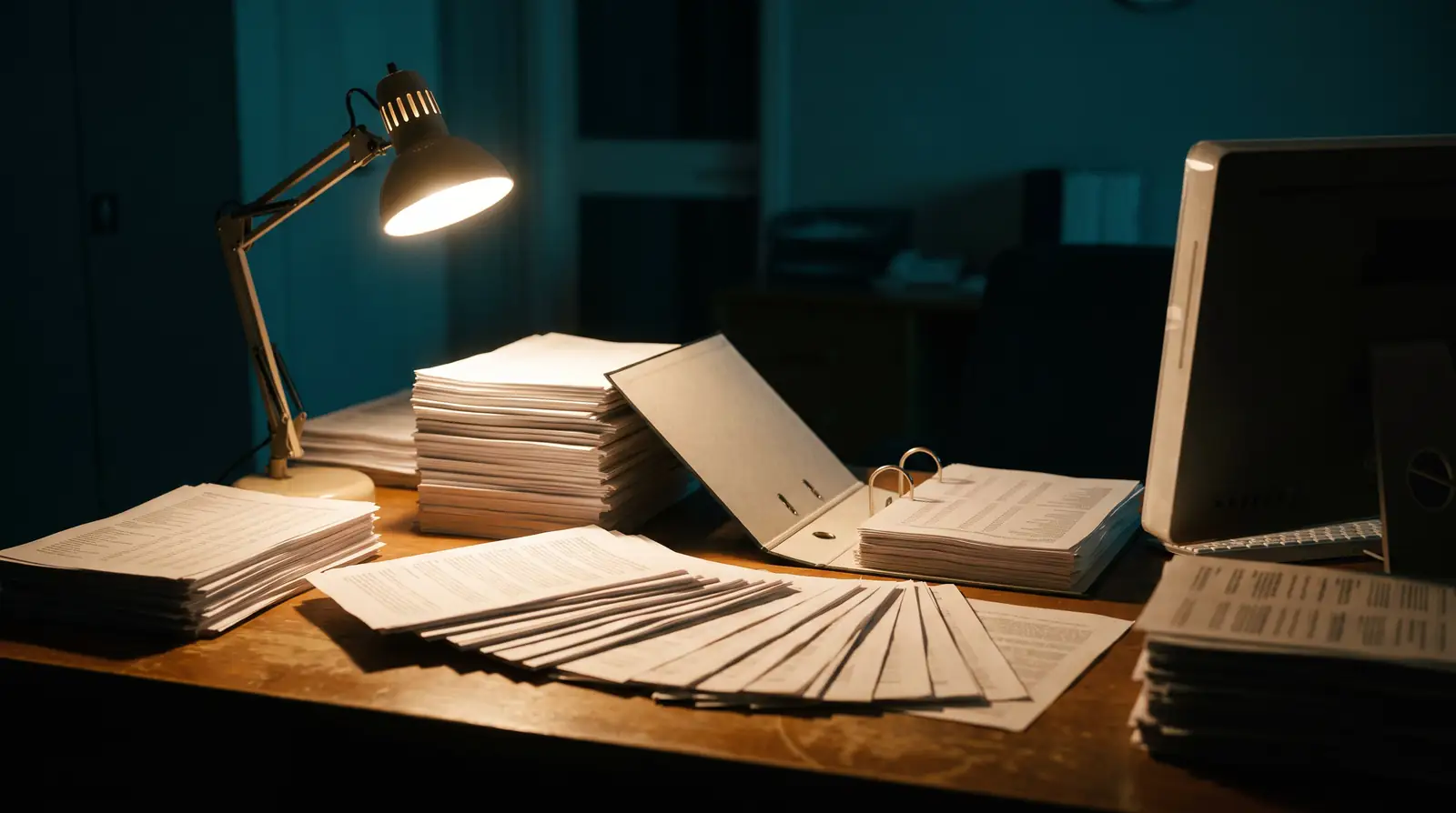 A back-office desk at night, printed reports stacked and fanned under a desk lamp