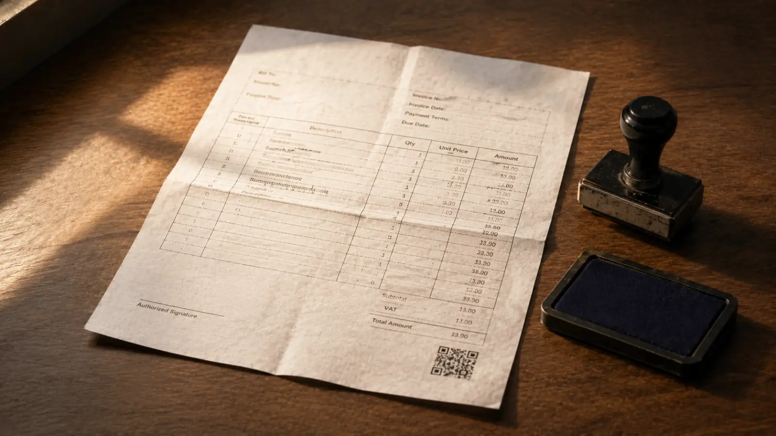 A printed tax invoice on a desk beside a rubber stamp and an ink pad