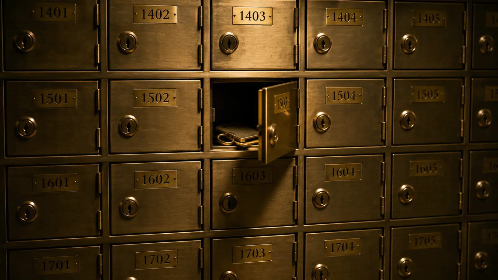A wall of numbered brass key compartments, one door standing open