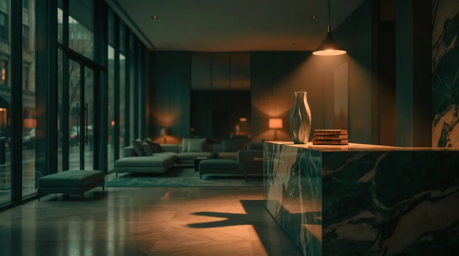 A hotel lobby and reception desk in the evening, tall glass to the street beyond