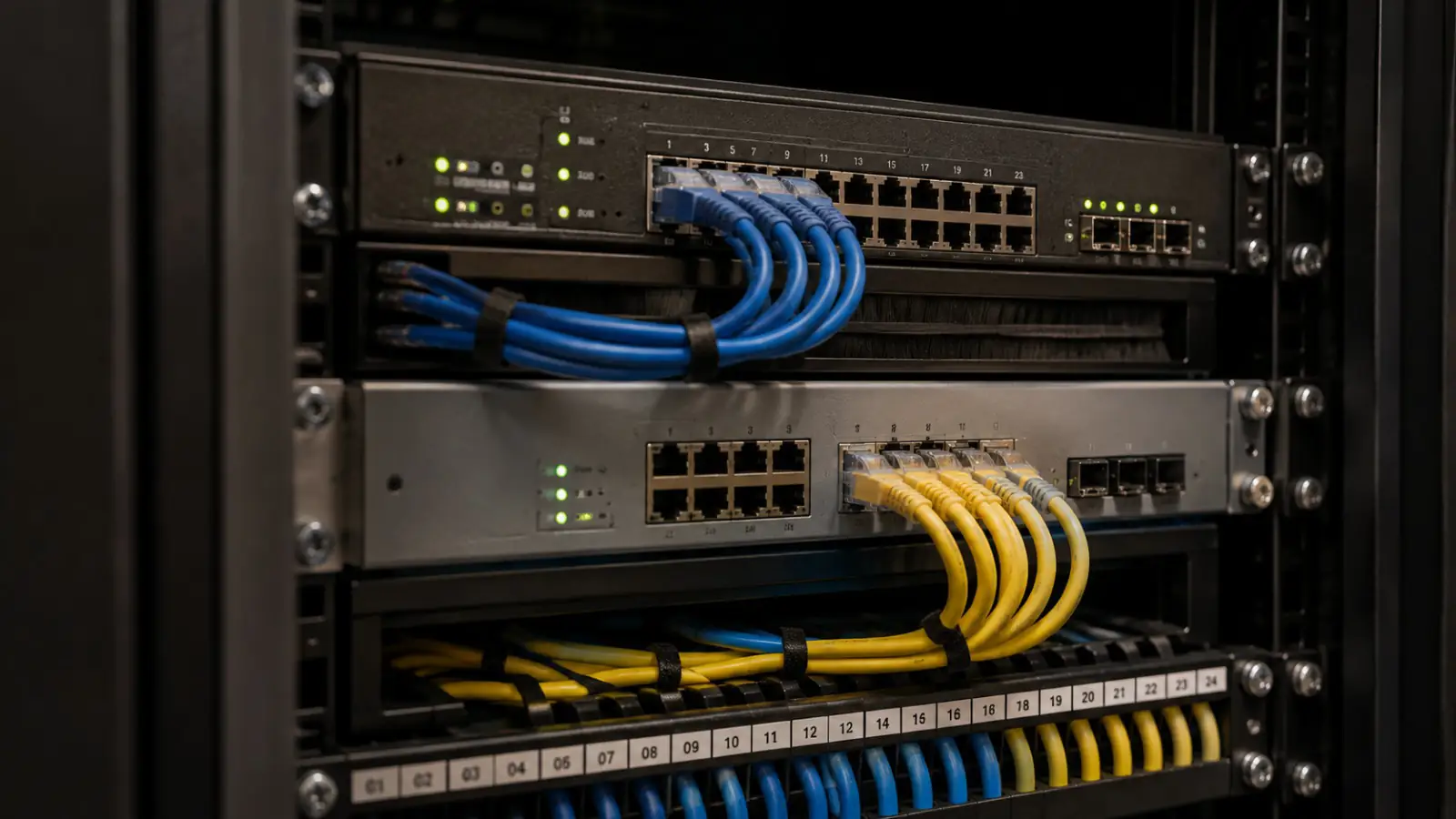Two rack switches joined by neatly combed patch cables