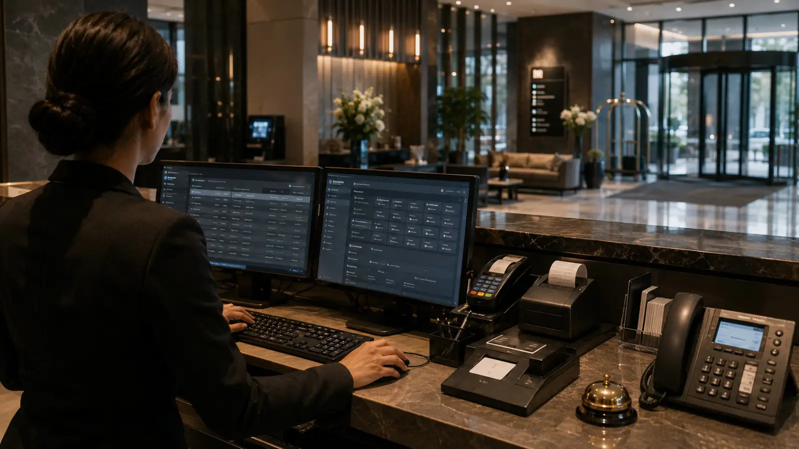 A receptionist working at a hotel front desk, two monitors angled away