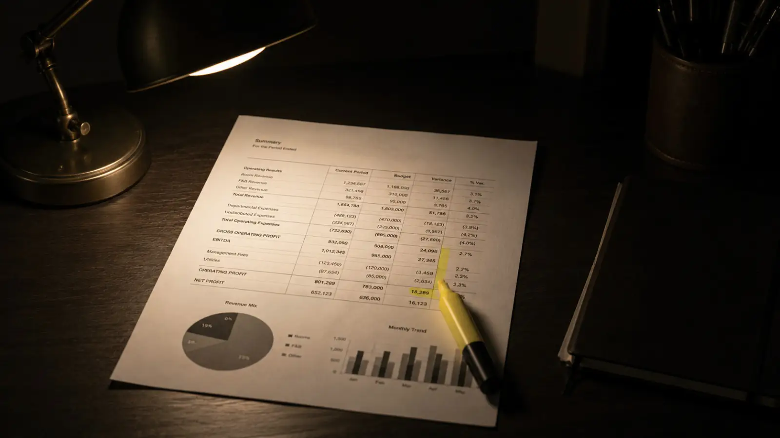 A printed report page under a desk lamp, a highlighter across the totals