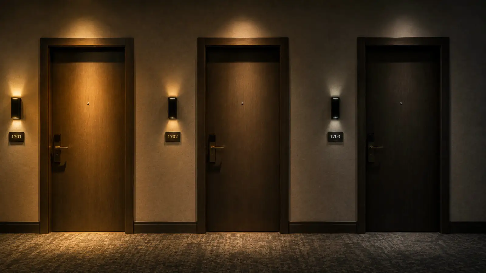 Three guest-room doors lit to three different levels